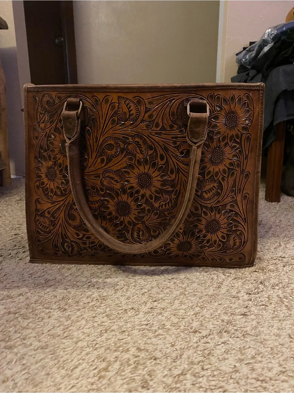 Hand-Tooled Floral Leather Tote Bag in Brown